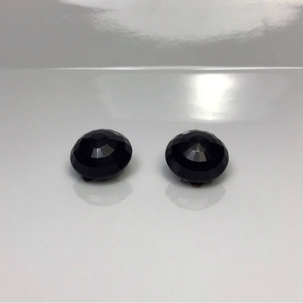 Vintage W Germany Clip On Earrings - Faceted Round Acrylic Black Stamped
